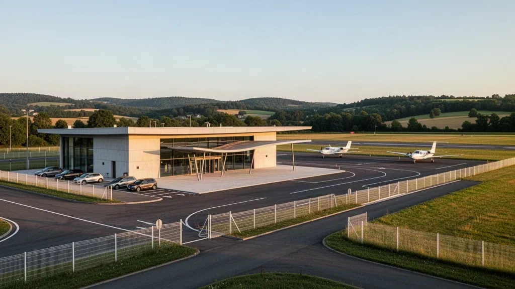 Modernes Glasterminal und Vorfeld für Leichtflugzeuge am Flughafen Roanne-Renaison in Frankreich, umgeben von grüner Landschaft in warmem Licht zur goldenen Stunde.