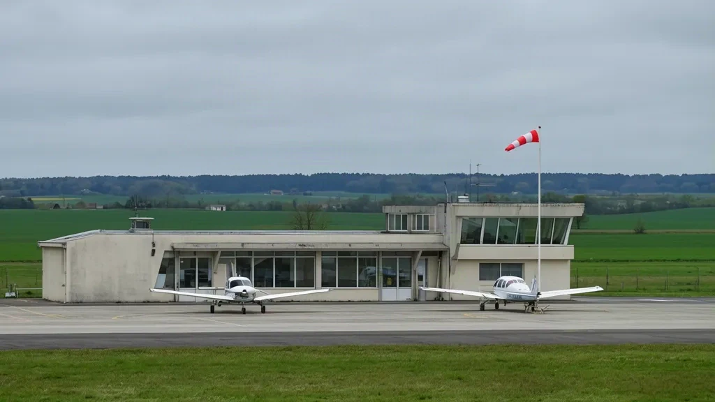 Petit bâtiment terminal régional et aire d'aviation légère à l'aéroport de Roanne-Renaison en France sous une lumière douce