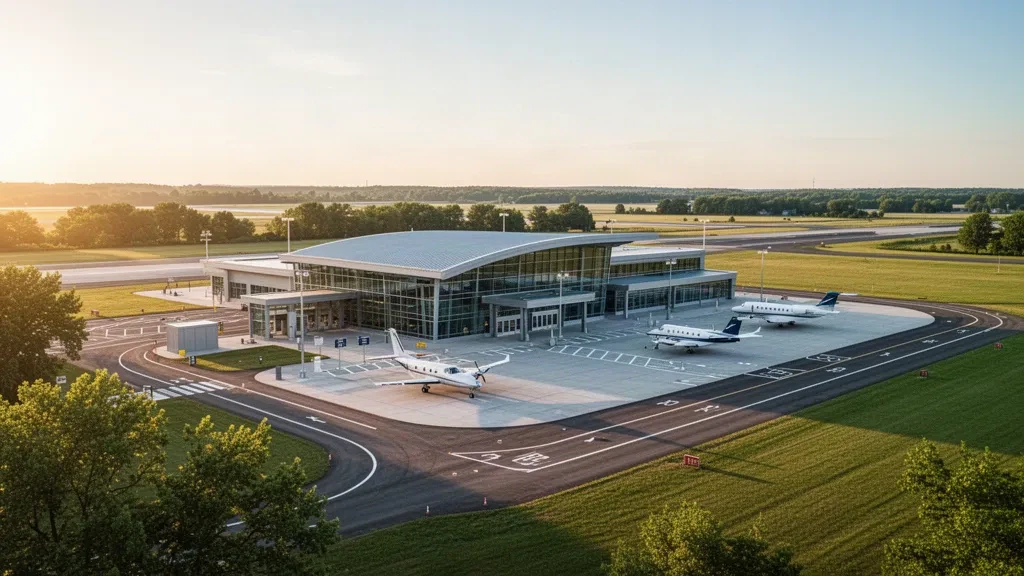 Bâtiment terminal moderne en verre à l'aéroport régional de New Richmond avec une piste et un ciel dégagé dans le Wisconsin.