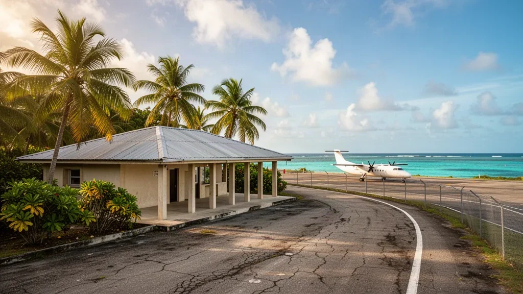 Nikaragua'daki Corn Island Havalimanı'nda hindistan cevizi palmiyeleriyle çevrili, altın saat ışığında turkuaz deniz kenarındaki küçük Karayip terminali