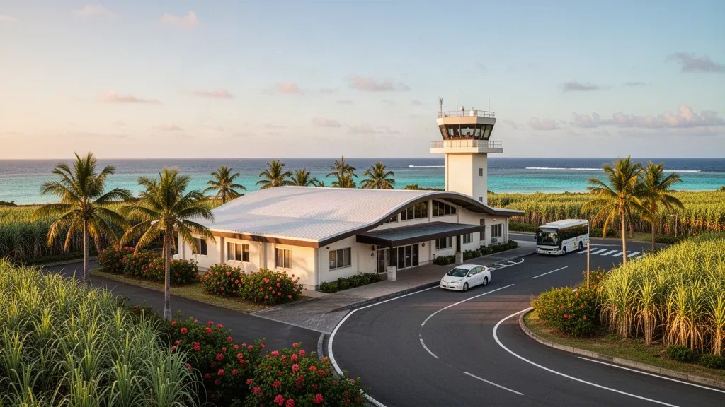 Yoron Airport Terminal und Drop-off-Spur auf Yoron Island, Kagoshima, zur goldenen Stunde mit Palmen und fernem Korallenmeer