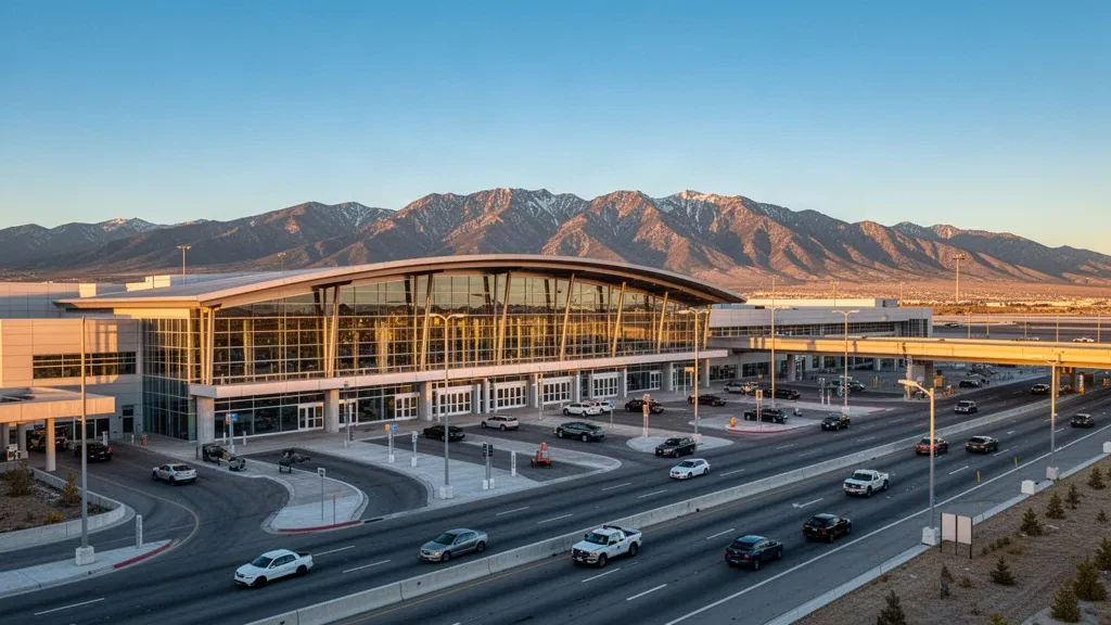 Modern glass terminal at Reno-Tahoe International Airport with Sierra Nevada mountains in the background at golden hour.