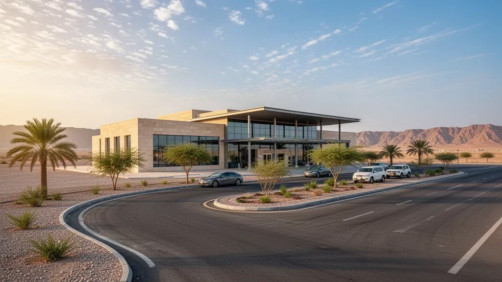 Low-rise desert terminal and curved access road at Qarn Alam Airport in Oman, bathed in warm late-afternoon light