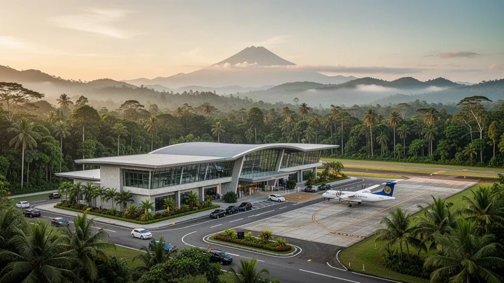 Modern terminal and drop-off lane at Ranau Airport in Sabah, Malaysia, framed by tropical rainforest and misty hills.