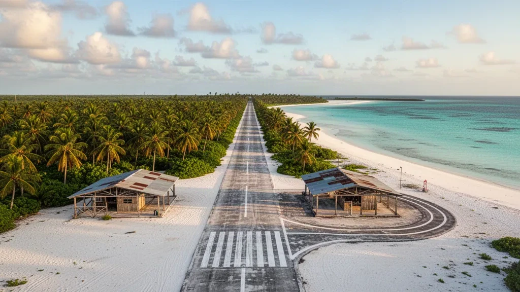Piste en corail et zone terminale bordée de palmiers à l'aéroport de Rongelap Island, sur l'atoll de Rongelap, îles Marshall, éclairés à l'heure dorée