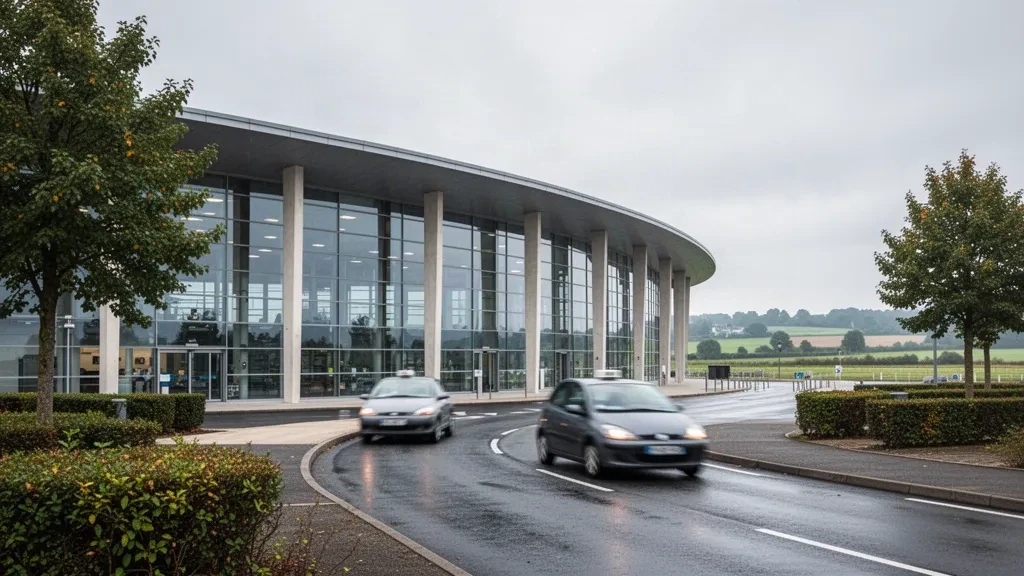 Esterno moderno del terminal in vetro e corsia di sosta davanti all'aeroporto di Rennes-Saint-Jacques in Bretagna con luce soffusa