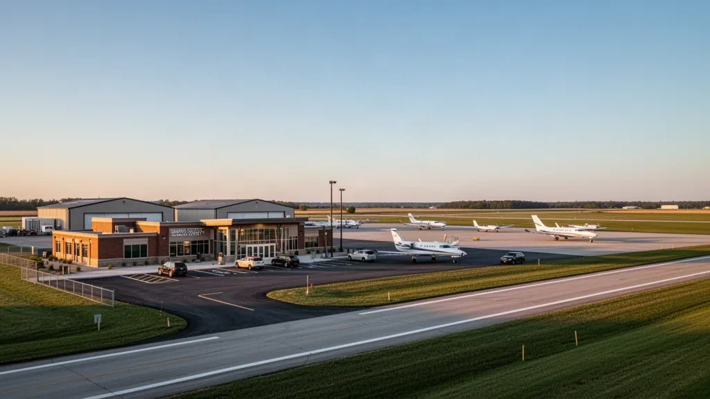 Jasper County Airport terminal and apron in Rensselaer, Indiana, with hangars, small aircraft and rural farmland under soft daylight.