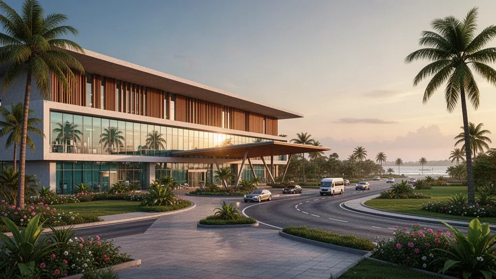 Modern glass terminal and palm-lined access roads at Roberts International Airport in Liberia at golden hour