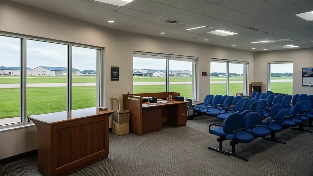 Interior of Jasper County Airport terminal in Rensselaer, Indiana, with seating and windows overlooking the airfield
