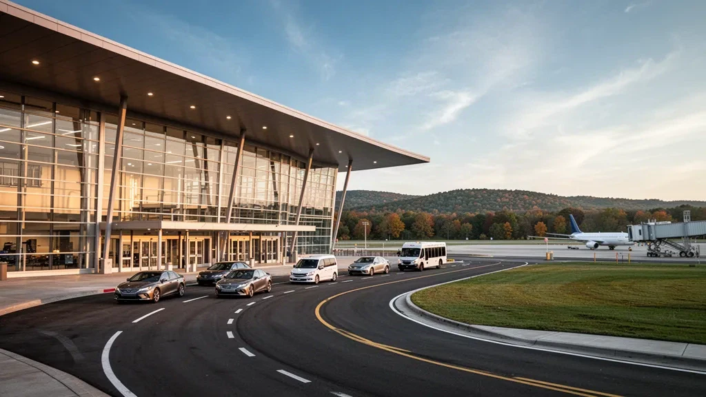 Modernes gläsernes Terminal und Vorfahrtsbereiche am Frederick Douglass Greater Rochester International Airport während der goldenen Stunde, mit Flugzeugen im Hintergrund.