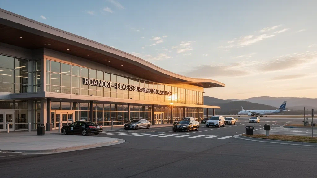 Esterno moderno del terminal dell'aeroporto regionale Roanoke–Blacksburg, in Virginia, con le Blue Ridge Mountains e un aereo sulla pista.