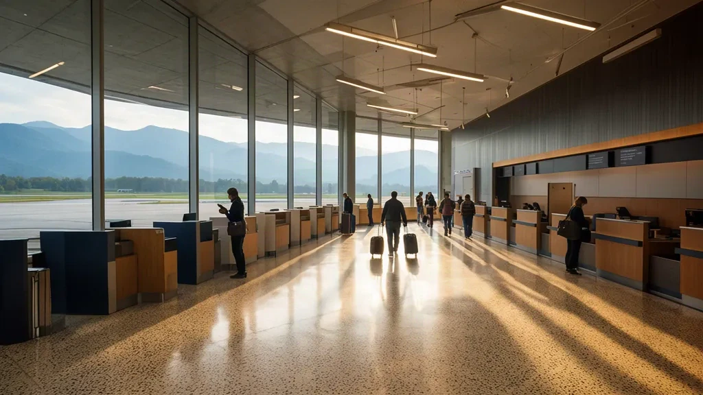 Virginia'daki Roanoke–Blacksburg Bölgesel Havalimanı'nın aydınlık terminal salonunda bagajlarıyla check-in yapan yolcular