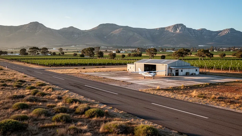 Light aircraft parked beside the runway at Robertson Airport in the Breede River Valley, with vineyards and the Langeberg mountains at golden hour.