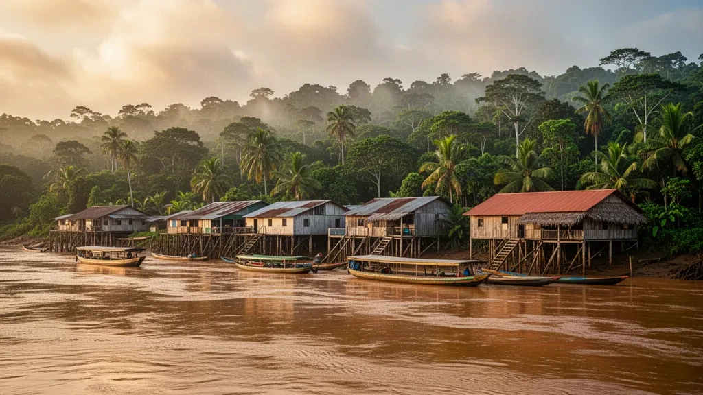 Veduta sul lungofiume di Leticia sul Rio delle Amazzoni in Colombia con barche in legno, case su palafitte e fitta foresta pluviale nell'ora dorata