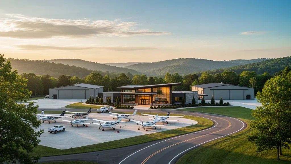 Fahrzeug der allgemeinen Luftfahrt und modernes Terminal am Rogers Municipal Airport-Carter Field in den Ozark-Hügeln von Arkansas zur goldenen Stunde