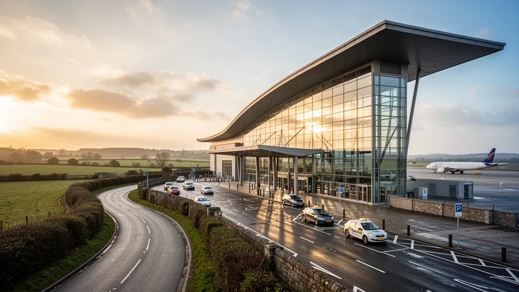Terminal moderna de cristal y explanada de descenso en el aeropuerto Robinhood, cerca de Doncaster, iluminadas por la cálida luz dorada del atardecer