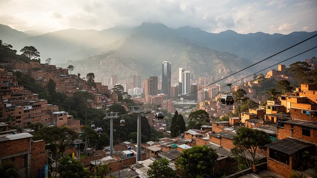 Golden-hour view over Medellín, Antioquia, with the Aburrá Valley skyline, brick rooftops, a cable car line and Andean mountains beyond