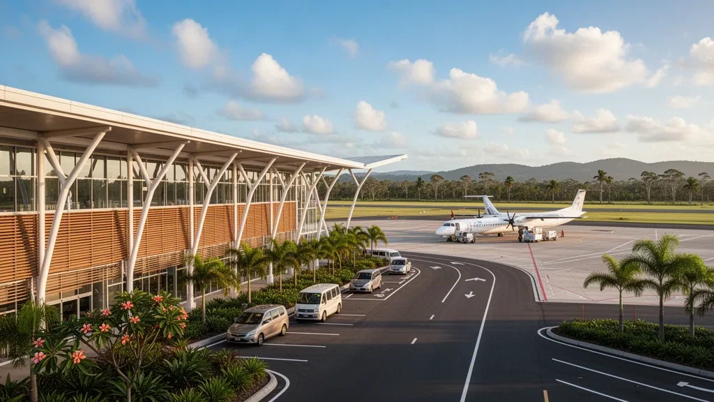 Terminal moderne en verre et zone de dépose bordée de palmiers à l'aéroport de Rockhampton dans le Queensland, éclairés par la lumière chaude de fin d'après-midi