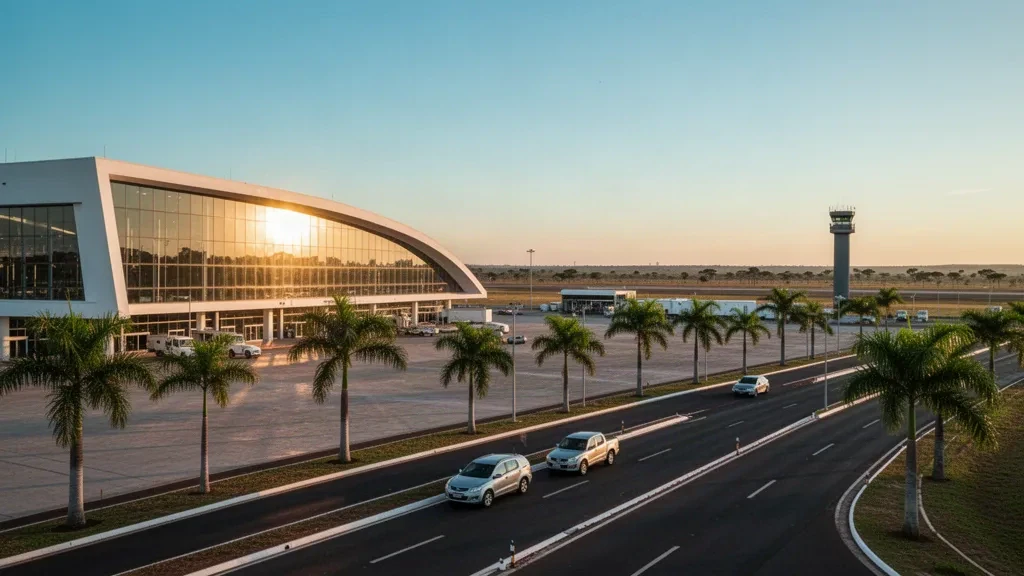 Terminal moderna de vidrio en el Aeropuerto Maestro Marinho Franco en Rondonópolis, Brasil, con una vía de acceso flanqueada por palmeras al atardecer