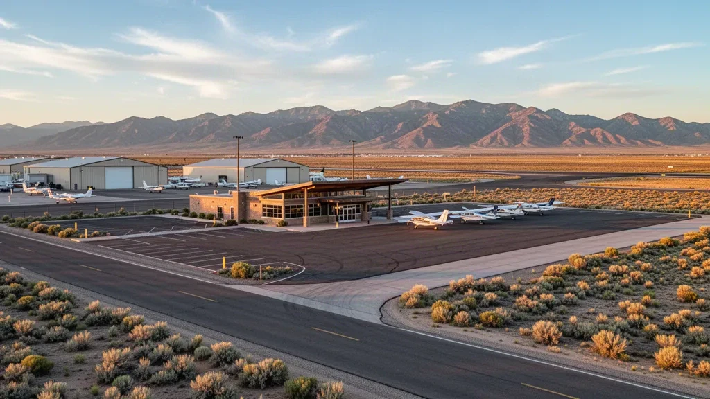 Aéroport municipal de Roosevelt dans l'Utah avec une piste calme, des hangars d'aviation générale, de petits aéronefs et les montagnes du haut désert sous une lumière dorée du soir.