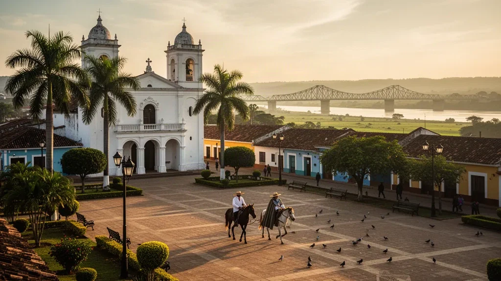 Vue à l'heure dorée de la place centrale et de la cathédrale d'Arauca, en Colombie, avec des cavaliers llaneros traversant la place