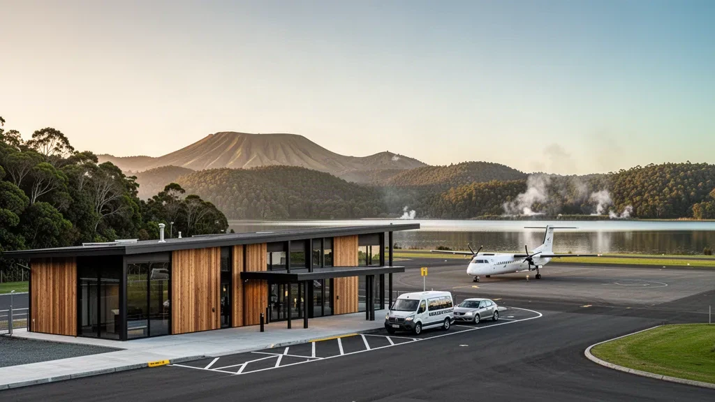 Terminal de aeropuerto regional moderna cerca del lago Rotorua, Nueva Zelanda, a la hora dorada con colinas volcánicas, plataforma y una aeronave turbohélice a la vista.