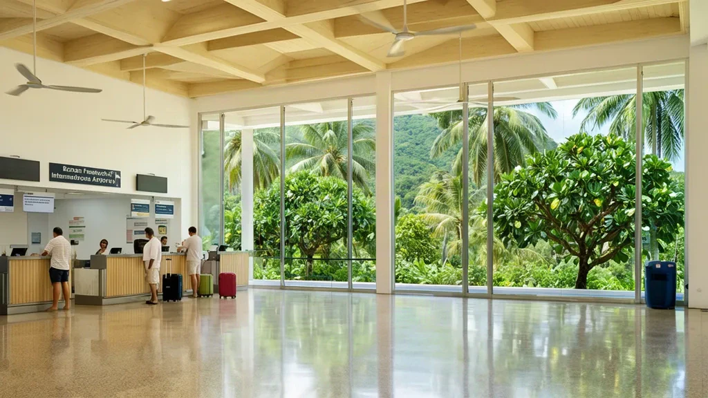 Intérieur ensoleillé du terminal de l'aéroport international Roman Tmetuchl à Palau avec des voyageurs aux comptoirs d'enregistrement et une végétation tropicale derrière les fenêtres