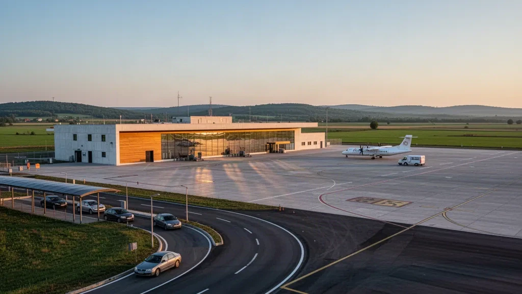 Terminal regional de baja altura y plataforma tranquila en el Aeropuerto de Ruse, en Bulgaria, bañados por una cálida luz de hora dorada