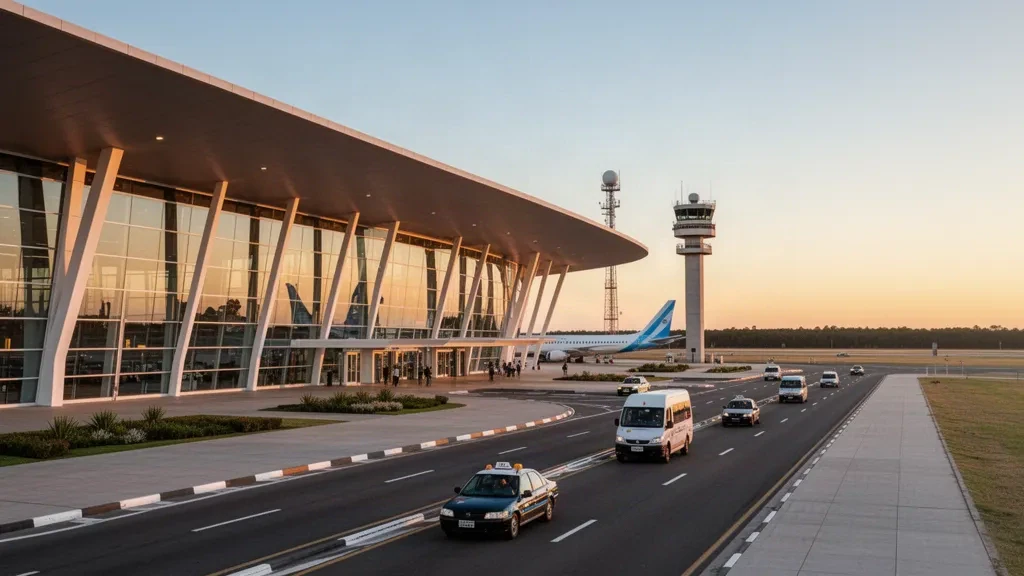 Exterior moderno de terminal de vidrio en el Aeropuerto Internacional Rosario Islas Malvinas durante la hora dorada, con carriles de descenso y cielo abierto