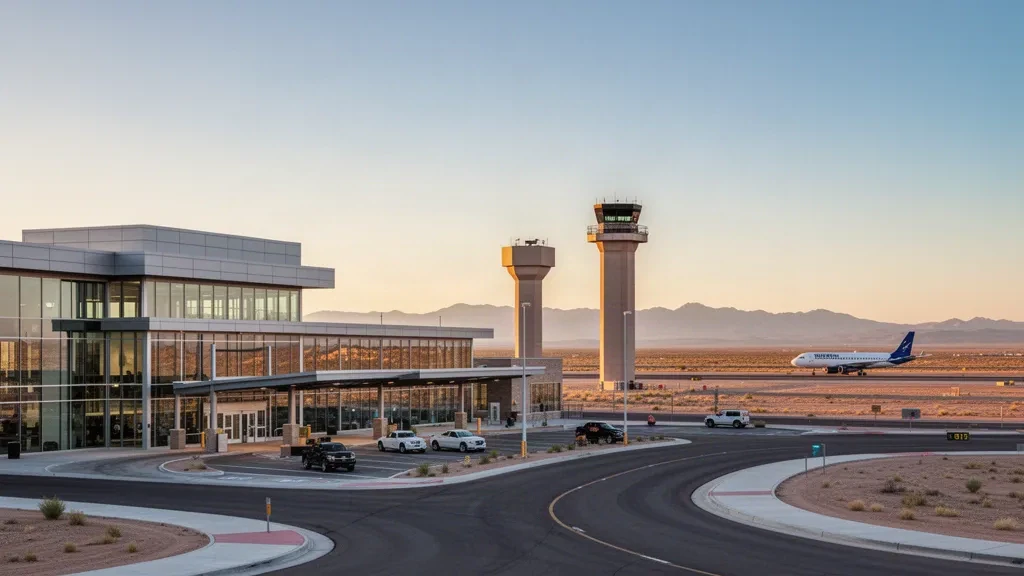 Terminal moderne en verre et paysage désertique à l'aéroport de Roswell Air Center, au Nouveau-Mexique, à l'heure dorée.