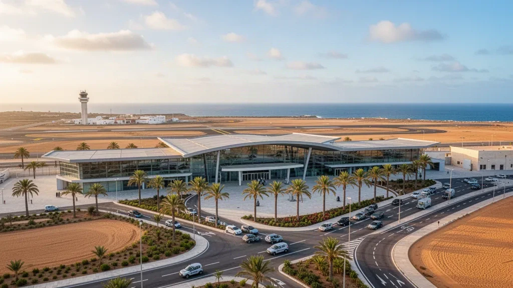 Modernes Terminal und Flugfeld am Flughafen Marinestützpunkt Rota in Spanien, mit palmengesäumten Zufahrtsstraßen und warmem Küstenlicht
