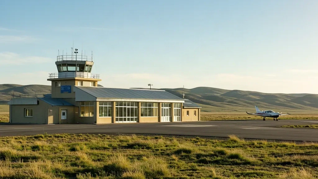 Außenansicht des Terminals des Flughafens Río Mayo in Argentinisch-Patagonien mit windgepeitschter Steppe und klarem Himmel