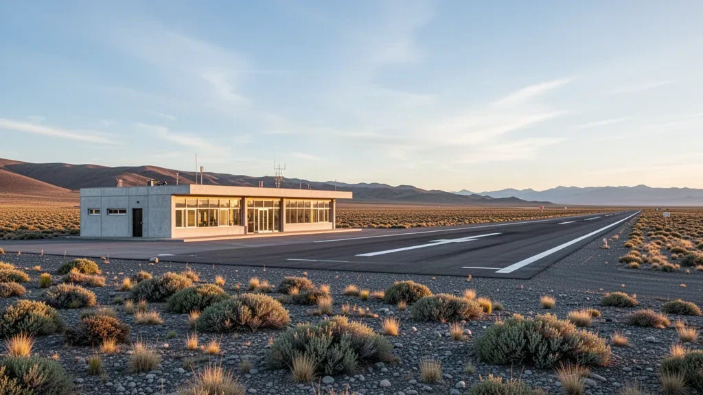 Pequeña terminal de aeropuerto regional y pista en la estepa patagónica abierta cerca de Río Mayo durante la hora dorada