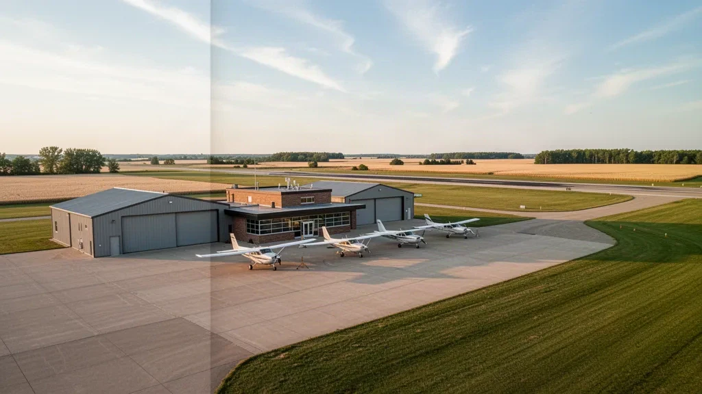 Minnesota'daki Roseau Municipal Airport, Rudy Billberg Field'da apronda duran küçük tek motorlu uçak; altın saatlerde hangarlar ve tarım arazileri.