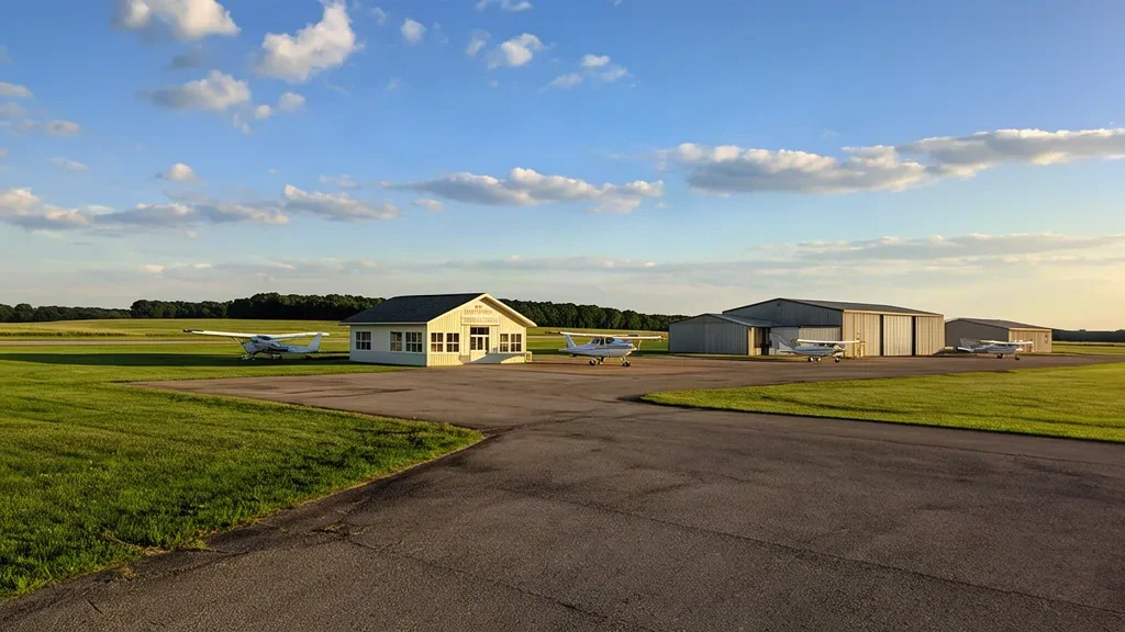 Minnesota'daki Roseau Municipal Airport Rudy Billberg Field'da açık bir sabahta küçük terminal binası ve park etmiş hafif uçak