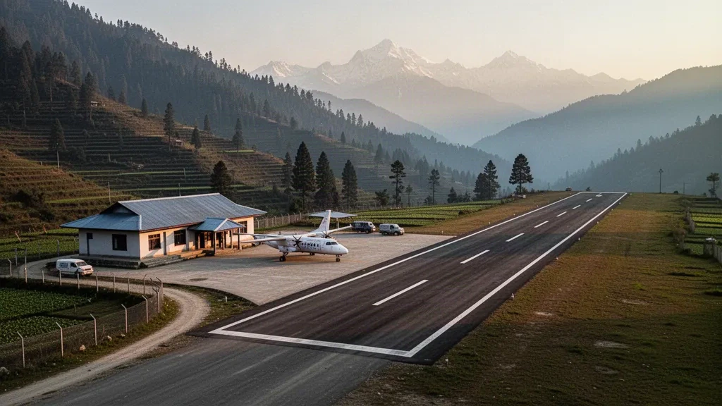 Petit terminal d'aéroport de montagne et piste courte à Rolpa, dans les contreforts himalayens du Népal, sous une chaude lumière dorée