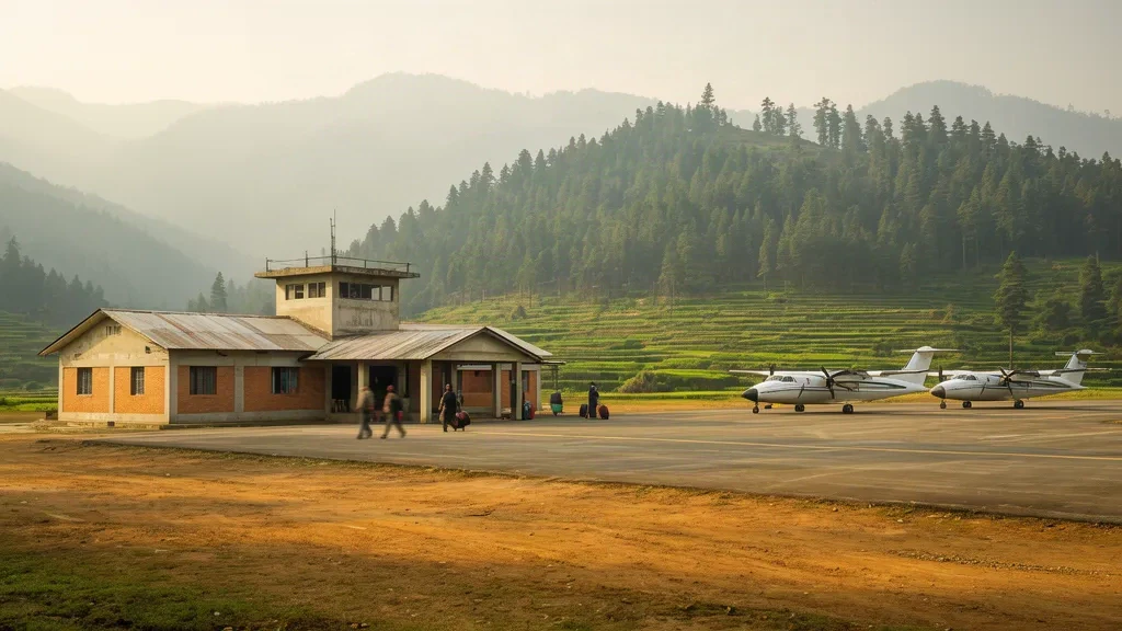 Nepal'deki Rolpa Havalimanı'nda gün doğumunda puslu Himalaya etekleriyle çevrili küçük tek katlı terminal ve sessiz pist.