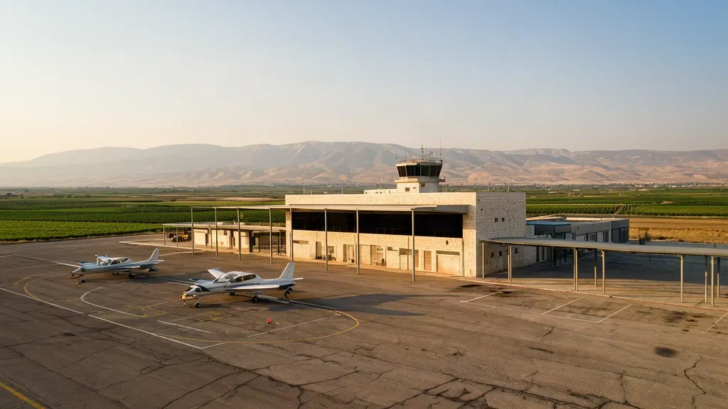 Petit terminal d'un seul étage et avions légers stationnés sur le tarmac de l'aéroport de Rosh Pina en Haute Galilée, Israël