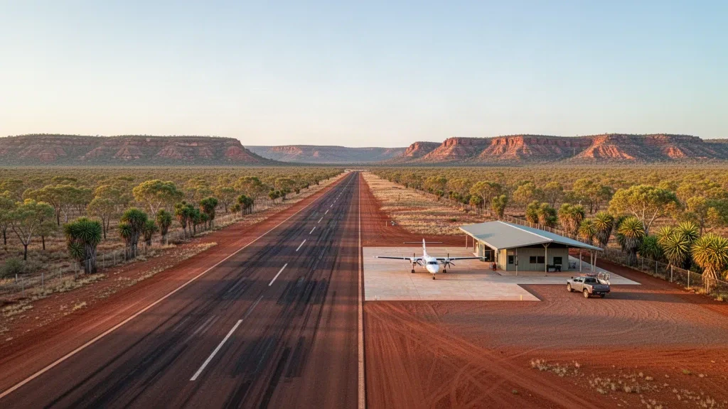 Piste d'atterrissage isolée de l'outback et petit terminal à l'aéroport de Ngukurr dans le Territoire du Nord, avec un avion de liaison léger sur le tarmac à l'heure dorée