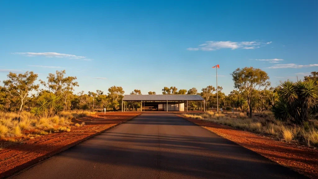 Pista remota dell'outback e piccolo riparo terminal all'aeroporto di Ngukurr RPM nel Territorio del Nord, circondati da savana arida