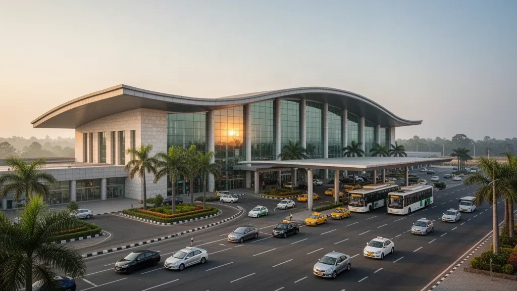 Modern glass terminal facade at Swami Vivekananda Airport in Raipur, Chhattisgarh, with a curved roof and golden-hour light over the access road.