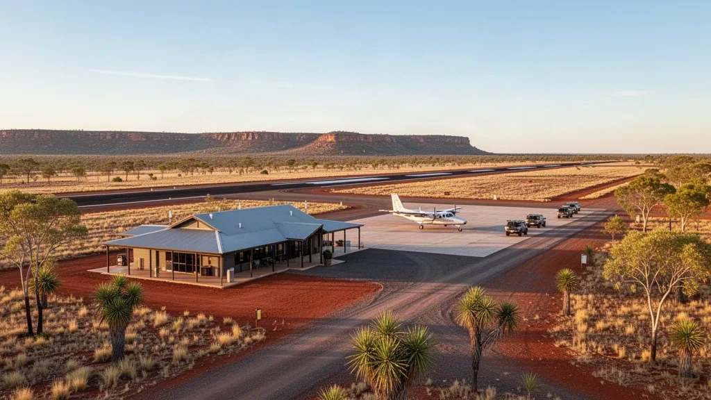 Small regional airstrip at Roper Valley Airport in Australia's Northern Territory, with red earth, savanna trees and a light aircraft at golden hour