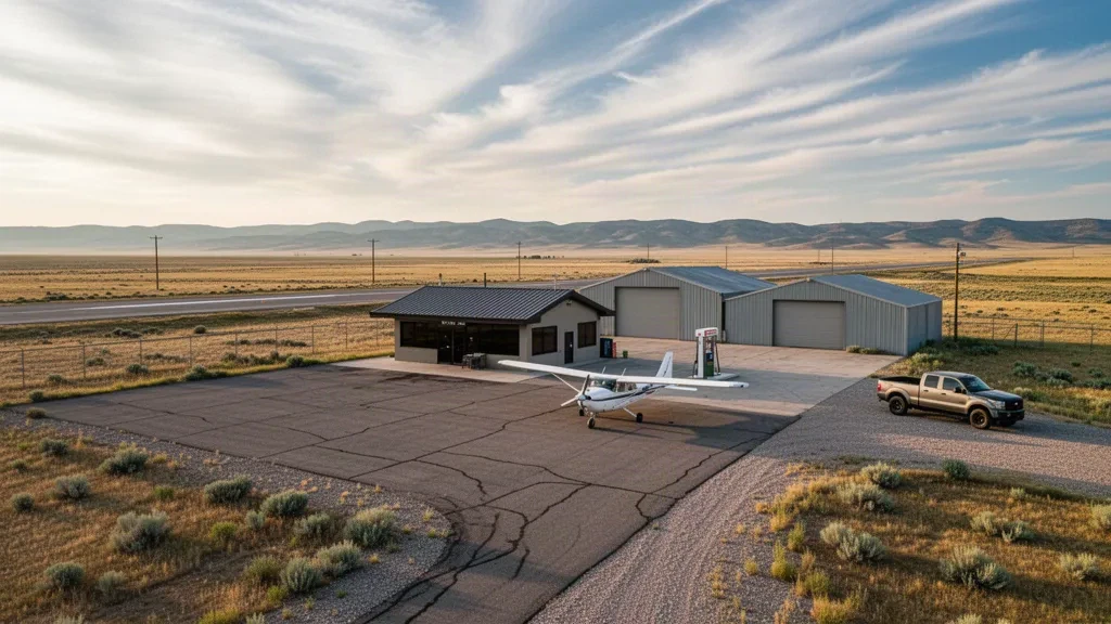 Piccolo campo di aviazione rurale del Montana vicino a Roundup con un aereo leggero sul piazzale, hangar e colline della prateria nell'ora dorata