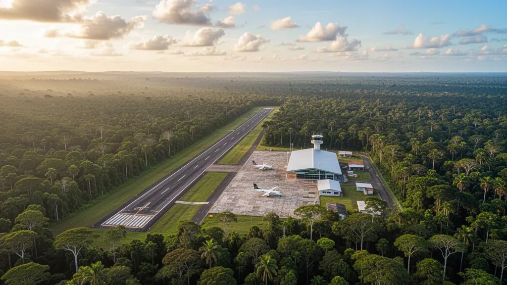Start- und Landebahn des Flughafens Urucu sowie ein kleines Terminal, umgeben von dichtem Amazonas-Regenwald in Amazonas, Brasilien, unter einem dunstigen tropischen Himmel