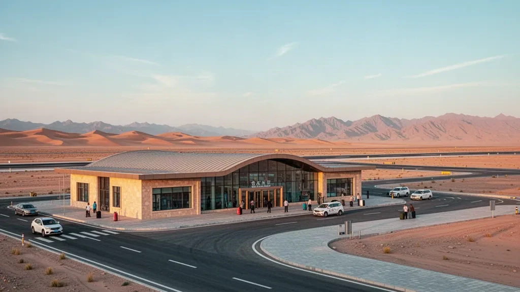 Moderna terminal del aeropuerto de Ruoqiang Loulan en Xinjiang con dunas del desierto, carril de descenso en el patio de maniobras y cielo despejado a la hora dorada