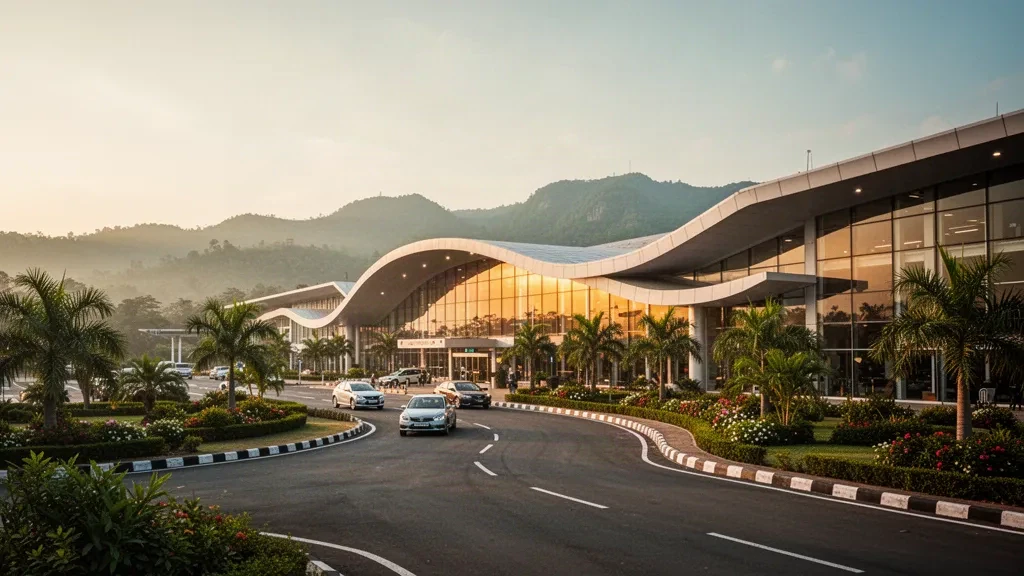 Modern glass terminal exterior at Rashtrakavi Kuvempu Airport in Shivamogga, Karnataka, with curved roofline and open drop-off lanes at golden hour.