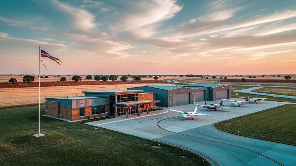 Blick zur goldenen Stunde auf ein kleines General-Aviation-Terminal in Oklahoma, Hangars und abgestellte Leichtflugzeuge auf dem Vorfeld des El Reno Regional Airport unter weitem Präriehimmel