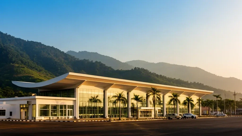 Modernes gläsernes Terminalgebäude des Rashtrakavi Kuvempu Airport in Shivamogga, Karnataka, mit palmengesäumtem Vorplatz und grünen Hügeln dahinter