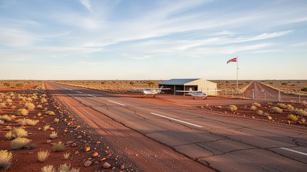 Pista remota del outback y avioneta en el Aeropuerto de Marree, en Australia Meridional, bajo un amplio cielo a la hora dorada