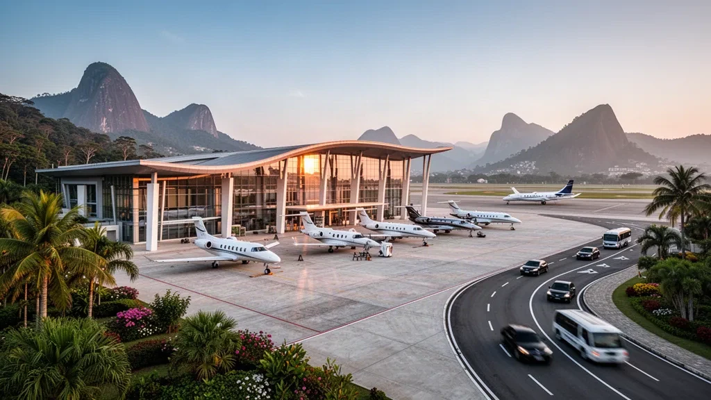 Modernes Terminal und Vorfeld mit Business-Jets am Flughafen Jacarepaguá–Roberto Marinho in Rio de Janeiro zur goldenen Stunde